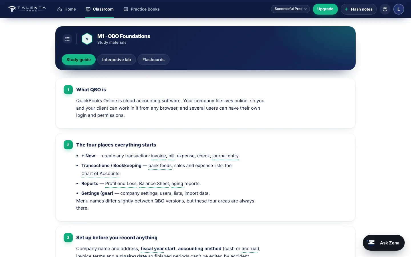 Talenta Pros portal: Class notes board